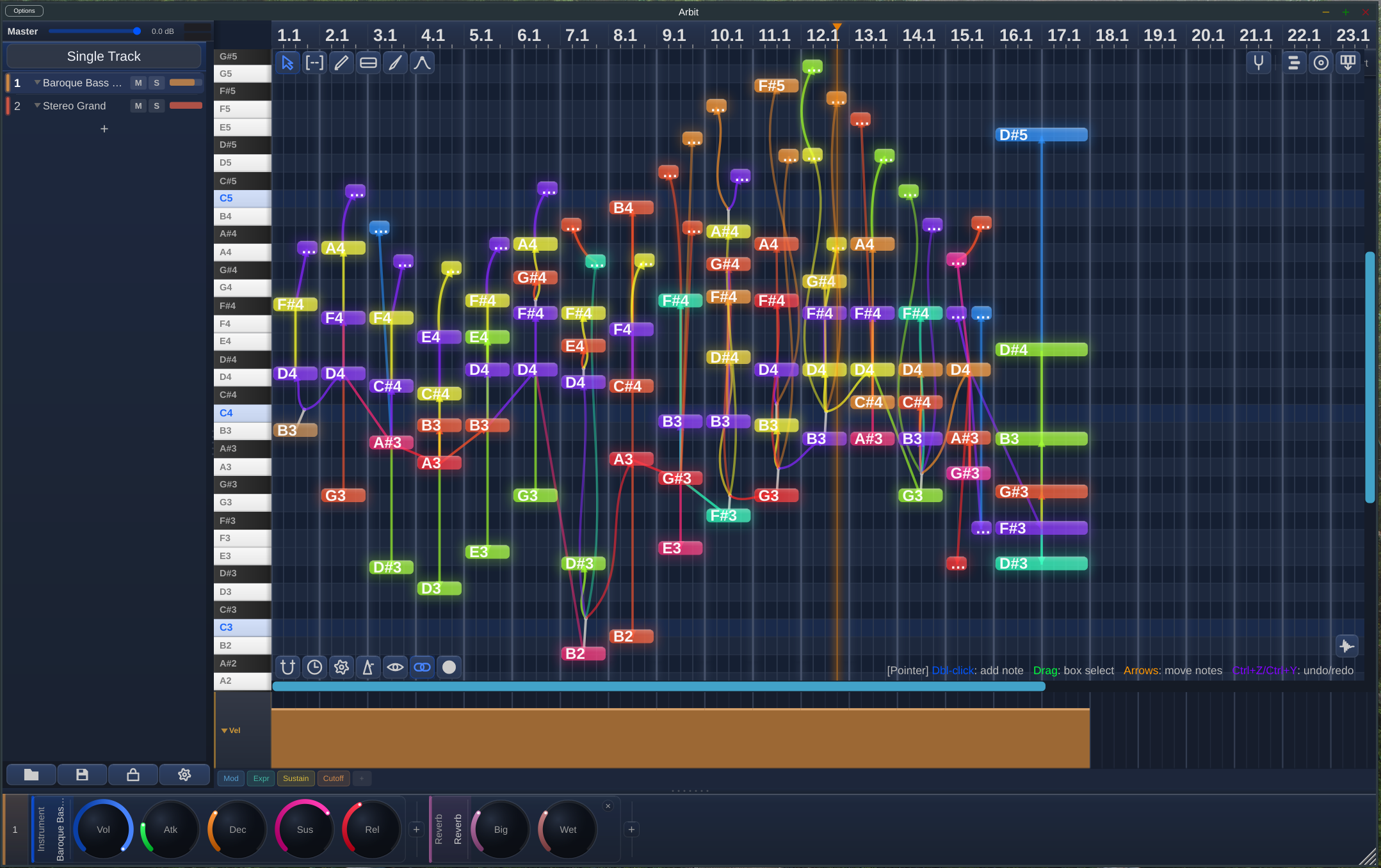 DonutStudio window — piano roll center, track sidebar left, transport top, device panel right